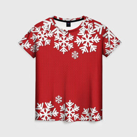 Женская футболка 3D с принтом Снежинки в Тюмени, 100% полиэфир ( синтетическое хлопкоподобное полотно) | прямой крой, круглый вырез горловины, длина до линии бедер | new year | snowflake | sweater | winter | зима | новый год | рождество | с новым годом | сhristmas | свитер | снежинка