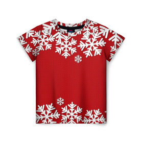 Детская футболка 3D с принтом Снежинки в Тюмени, 100% гипоаллергенный полиэфир | прямой крой, круглый вырез горловины, длина до линии бедер, чуть спущенное плечо, ткань немного тянется | Тематика изображения на принте: new year | snowflake | sweater | winter | зима | новый год | рождество | с новым годом | сhristmas | свитер | снежинка