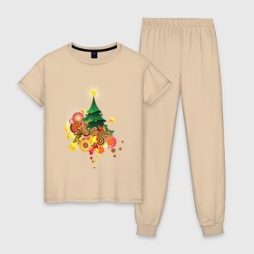 Женская пижама хлопок с принтом Сказочная елка в Тюмени, 100% хлопок | брюки и футболка прямого кроя, без карманов, на брюках мягкая резинка на поясе и по низу штанин | Тематика изображения на принте: 