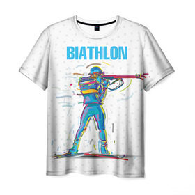 Мужская футболка 3D с принтом Биатлон в Тюмени, 100% полиэфир | прямой крой, круглый вырез горловины, длина до линии бедер | Тематика изображения на принте: biathlon | sport | winter | биатлон | биатлонисты | зимние виды спорта | спорт | стрельба