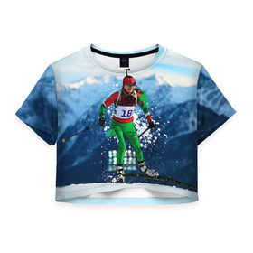 Женская футболка 3D укороченная с принтом Биатлон в Тюмени, 100% полиэстер | круглая горловина, длина футболки до линии талии, рукава с отворотами | biathlon | sport | winter | биатлон | биатлонисты | зимние виды спорта | спорт | стрельба