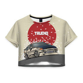 Женская футболка 3D укороченная с принтом Toyota Trueno ae86 в Тюмени, 100% полиэстер | круглая горловина, длина футболки до линии талии, рукава с отворотами | 86 | corolla | crane | hachiroku | jdm | toyota | trueno | ае86 | журавлики | тоёта | тойота | труено | хачироку | япония