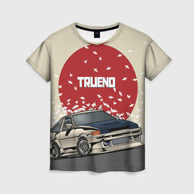 Женская футболка 3D с принтом Toyota Trueno ae86 в Тюмени, 100% полиэфир ( синтетическое хлопкоподобное полотно) | прямой крой, круглый вырез горловины, длина до линии бедер | 86 | corolla | crane | hachiroku | jdm | toyota | trueno | ае86 | журавлики | тоёта | тойота | труено | хачироку | япония