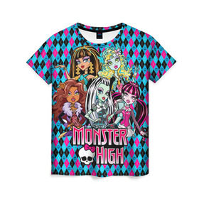 Женская футболка 3D с принтом Monster High в Тюмени, 100% полиэфир ( синтетическое хлопкоподобное полотно) | прямой крой, круглый вырез горловины, длина до линии бедер | монстер хай