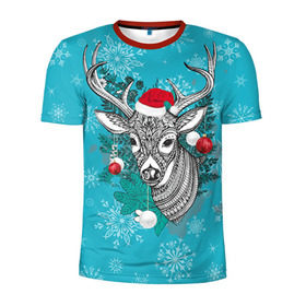 Мужская футболка 3D спортивная с принтом Новогодний олень в Тюмени, 100% полиэстер с улучшенными характеристиками | приталенный силуэт, круглая горловина, широкие плечи, сужается к линии бедра | 2016 | christmas | deer | год | новогодний | новый | олень | рождественский | с новым годом