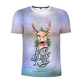 Мужская футболка 3D спортивная с принтом Новогодний олень в Тюмени, 100% полиэстер с улучшенными характеристиками | приталенный силуэт, круглая горловина, широкие плечи, сужается к линии бедра | 2016 | christmas | deer | год | новогодний | новый | олень | рождественский | с новым годом