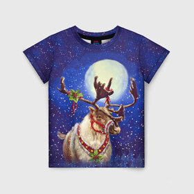 Детская футболка 3D с принтом Christmas deer в Тюмени, 100% гипоаллергенный полиэфир | прямой крой, круглый вырез горловины, длина до линии бедер, чуть спущенное плечо, ткань немного тянется | Тематика изображения на принте: 2016 | christmas | deer | год | новогодний | новый | олень | рождественский | с новым годом
