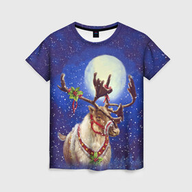 Женская футболка 3D с принтом Christmas deer в Тюмени, 100% полиэфир ( синтетическое хлопкоподобное полотно) | прямой крой, круглый вырез горловины, длина до линии бедер | 2016 | christmas | deer | год | новогодний | новый | олень | рождественский | с новым годом