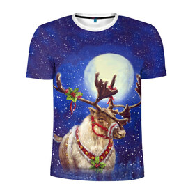 Мужская футболка 3D спортивная с принтом Christmas deer в Тюмени, 100% полиэстер с улучшенными характеристиками | приталенный силуэт, круглая горловина, широкие плечи, сужается к линии бедра | 2016 | christmas | deer | год | новогодний | новый | олень | рождественский | с новым годом