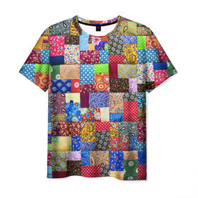 Мужская футболка 3D с принтом Лоскутное шитьё в Тюмени, 100% полиэфир | прямой крой, круглый вырез горловины, длина до линии бедер | лоскут | одежда | текстура | ткань | шитьё