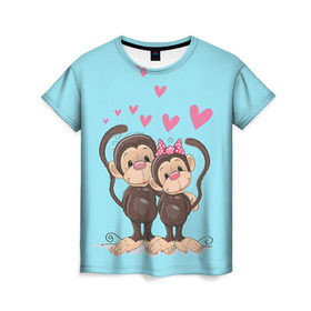 Женская футболка 3D с принтом Обезьянки в Тюмени, 100% полиэфир ( синтетическое хлопкоподобное полотно) | прямой крой, круглый вырез горловины, длина до линии бедер | 2016 | год | любовь | мартышка | новый | обезьяна | с новым год