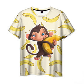 Мужская футболка 3D с принтом Обезьяна с бананом в Тюмени, 100% полиэфир | прямой крой, круглый вырез горловины, длина до линии бедер | Тематика изображения на принте: мартышка | обезьяна