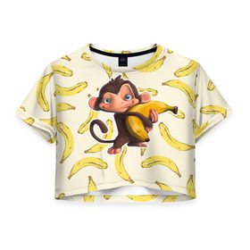 Женская футболка 3D укороченная с принтом Обезьяна с бананом в Тюмени, 100% полиэстер | круглая горловина, длина футболки до линии талии, рукава с отворотами | мартышка | обезьяна