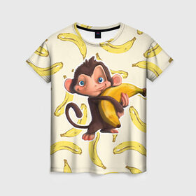 Женская футболка 3D с принтом Обезьяна с бананом в Тюмени, 100% полиэфир ( синтетическое хлопкоподобное полотно) | прямой крой, круглый вырез горловины, длина до линии бедер | Тематика изображения на принте: мартышка | обезьяна