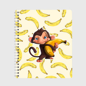 Тетрадь с принтом Обезьяна с бананом в Тюмени, 100% бумага | 48 листов, плотность листов — 60 г/м2, плотность картонной обложки — 250 г/м2. Листы скреплены сбоку удобной пружинной спиралью. Уголки страниц и обложки скругленные. Цвет линий — светло-серый
 | Тематика изображения на принте: мартышка | обезьяна