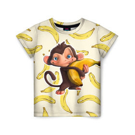 Детская футболка 3D с принтом Обезьяна с бананом в Тюмени, 100% гипоаллергенный полиэфир | прямой крой, круглый вырез горловины, длина до линии бедер, чуть спущенное плечо, ткань немного тянется | Тематика изображения на принте: мартышка | обезьяна