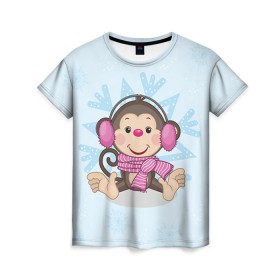 Женская футболка 3D с принтом Обезьянка в Тюмени, 100% полиэфир ( синтетическое хлопкоподобное полотно) | прямой крой, круглый вырез горловины, длина до линии бедер | 2016 | год | мартышка | новый | обезьяна | с новым год | снежинка