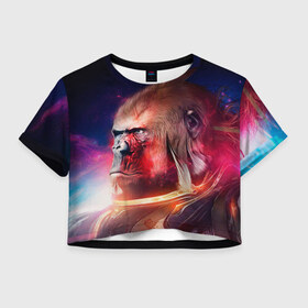 Женская футболка 3D укороченная с принтом Обезьяна в космосе в Тюмени, 100% полиэстер | круглая горловина, длина футболки до линии талии, рукава с отворотами | 2016 | год | космос | мартышка | новый | обезьяна | с новым год