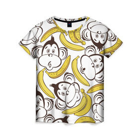 Женская футболка 3D с принтом Обезьянки и бананы в Тюмени, 100% полиэфир ( синтетическое хлопкоподобное полотно) | прямой крой, круглый вырез горловины, длина до линии бедер | банан