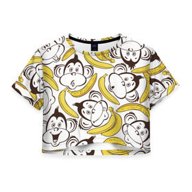 Женская футболка 3D укороченная с принтом Обезьянки и бананы в Тюмени, 100% полиэстер | круглая горловина, длина футболки до линии талии, рукава с отворотами | банан
