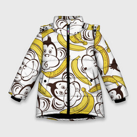Зимняя куртка для девочек 3D с принтом Обезьянки и бананы в Тюмени, ткань верха — 100% полиэстер; подклад — 100% полиэстер, утеплитель — 100% полиэстер. | длина ниже бедра, удлиненная спинка, воротник стойка и отстегивающийся капюшон. Есть боковые карманы с листочкой на кнопках, утяжки по низу изделия и внутренний карман на молнии. 

Предусмотрены светоотражающий принт на спинке, радужный светоотражающий элемент на пуллере молнии и на резинке для утяжки. | Тематика изображения на принте: банан