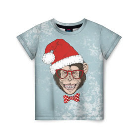 Детская футболка 3D с принтом Обезьяна в бабочке в Тюмени, 100% гипоаллергенный полиэфир | прямой крой, круглый вырез горловины, длина до линии бедер, чуть спущенное плечо, ткань немного тянется | Тематика изображения на принте: мартышка | новогодний | санта | шапка | шимпанзе