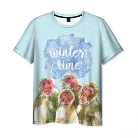 Мужская футболка 3D с принтом Зимняя пора в Тюмени, 100% полиэфир | прямой крой, круглый вырез горловины, длина до линии бедер | winter | год | зима | мартышка | новогодний | новый | обезьяна | обезьянка | подарок | с новым годом | снег