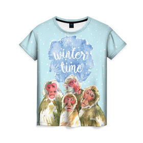 Женская футболка 3D с принтом Зимняя пора в Тюмени, 100% полиэфир ( синтетическое хлопкоподобное полотно) | прямой крой, круглый вырез горловины, длина до линии бедер | winter | год | зима | мартышка | новогодний | новый | обезьяна | обезьянка | подарок | с новым годом | снег