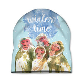 Шапка 3D с принтом Зимняя пора в Тюмени, 100% полиэстер | универсальный размер, печать по всей поверхности изделия | winter | год | зима | мартышка | новогодний | новый | обезьяна | обезьянка | подарок | с новым годом | снег