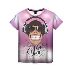 Женская футболка 3D с принтом Веселого Нового Года! в Тюмени, 100% полиэфир ( синтетическое хлопкоподобное полотно) | прямой крой, круглый вырез горловины, длина до линии бедер | 2016 | год | мартышка | новогодний | новый | обезьяна | обезьянка | подарок | с новым годом
