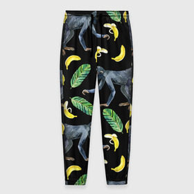 Мужские брюки 3D с принтом Обезьянки и бананы в Тюмени, 100% полиэстер | манжеты по низу, эластичный пояс регулируется шнурком, по бокам два кармана без застежек, внутренняя часть кармана из мелкой сетки | Тематика изображения на принте: банан