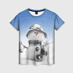 Женская футболка 3D с принтом Снеговик в Тюмени, 100% полиэфир ( синтетическое хлопкоподобное полотно) | прямой крой, круглый вырез горловины, длина до линии бедер | Тематика изображения на принте: 2016 | winter | год | зима | мартышка | новогодний | новый | обезьяна | обезьянка | подарок | с новым годом | снег | снеговик