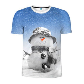 Мужская футболка 3D спортивная с принтом Снеговик в Тюмени, 100% полиэстер с улучшенными характеристиками | приталенный силуэт, круглая горловина, широкие плечи, сужается к линии бедра | 2016 | winter | год | зима | мартышка | новогодний | новый | обезьяна | обезьянка | подарок | с новым годом | снег | снеговик