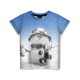 Детская футболка 3D с принтом Снеговик в Тюмени, 100% гипоаллергенный полиэфир | прямой крой, круглый вырез горловины, длина до линии бедер, чуть спущенное плечо, ткань немного тянется | 2016 | winter | год | зима | мартышка | новогодний | новый | обезьяна | обезьянка | подарок | с новым годом | снег | снеговик
