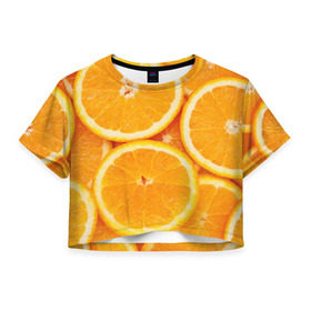 Женская футболка 3D укороченная с принтом Апельсинчик в Тюмени, 100% полиэстер | круглая горловина, длина футболки до линии талии, рукава с отворотами | orange | апельсин | фрукты