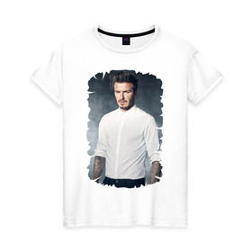 Женская футболка хлопок с принтом David Beckham в Тюмени, 100% хлопок | прямой крой, круглый вырез горловины, длина до линии бедер, слегка спущенное плечо | david beckham | англия | дэвид бекхэм | лига чемпионов | мадрид | мю | реал | футбол