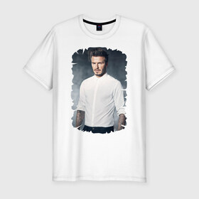 Мужская футболка премиум с принтом David Beckham в Тюмени, 92% хлопок, 8% лайкра | приталенный силуэт, круглый вырез ворота, длина до линии бедра, короткий рукав | david beckham | англия | дэвид бекхэм | лига чемпионов | мадрид | мю | реал | футбол