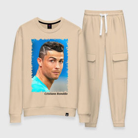 Женский костюм хлопок с принтом Cristiano Ronaldo в Тюмени, 100% хлопок | на свитшоте круглая горловина, мягкая резинка по низу. Брюки заужены к низу, на них два вида карманов: два 