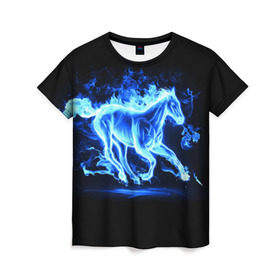 Женская футболка 3D с принтом Ледяной конь в Тюмени, 100% полиэфир ( синтетическое хлопкоподобное полотно) | прямой крой, круглый вырез горловины, длина до линии бедер | арт | лёд | лошадь | огонь | пламя