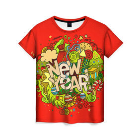 Женская футболка 3D с принтом New Year в Тюмени, 100% полиэфир ( синтетическое хлопкоподобное полотно) | прямой крой, круглый вырез горловины, длина до линии бедер | 2016 | new year | год | новогодний | новый | подарок | с новым годом