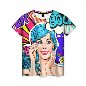 Женская футболка 3D с принтом Pop art в Тюмени, 100% полиэфир ( синтетическое хлопкоподобное полотно) | прямой крой, круглый вырез горловины, длина до линии бедер | bang | boom | omg | pop art | super | wow | wtf | арт | поп | ретро | уорхол | энди