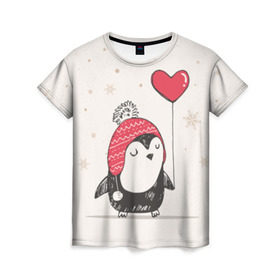 Женская футболка 3D с принтом Пингвин с шариком в Тюмени, 100% полиэфир ( синтетическое хлопкоподобное полотно) | прямой крой, круглый вырез горловины, длина до линии бедер | пингвин