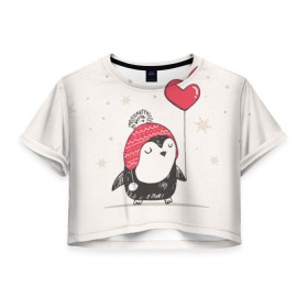 Женская футболка 3D укороченная с принтом Пингвин с шариком в Тюмени, 100% полиэстер | круглая горловина, длина футболки до линии талии, рукава с отворотами | Тематика изображения на принте: пингвин