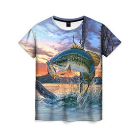 Женская футболка 3D с принтом Рыба в Тюмени, 100% полиэфир ( синтетическое хлопкоподобное полотно) | прямой крой, круглый вырез горловины, длина до линии бедер | fishing | рыба | рыбак | рыбалка | туризм