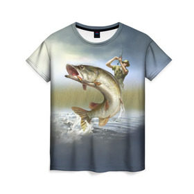 Женская футболка 3D с принтом Щука в Тюмени, 100% полиэфир ( синтетическое хлопкоподобное полотно) | прямой крой, круглый вырез горловины, длина до линии бедер | fishing | рыба | рыбак | рыбалка | туризм | щука