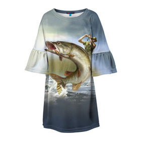 Детское платье 3D с принтом Щука в Тюмени, 100% полиэстер | прямой силуэт, чуть расширенный к низу. Круглая горловина, на рукавах — воланы | Тематика изображения на принте: fishing | рыба | рыбак | рыбалка | туризм | щука