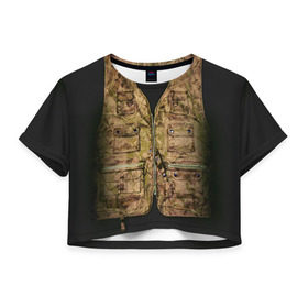 Женская футболка 3D укороченная с принтом Жилетка охотника в Тюмени, 100% полиэстер | круглая горловина, длина футболки до линии талии, рукава с отворотами | hunting | жилет | камуфляж | охота | охотник | туризм