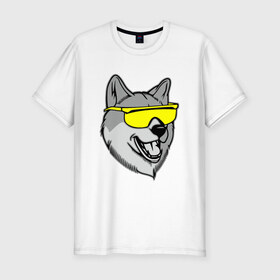 Мужская футболка премиум с принтом Хаски в очках в Тюмени, 92% хлопок, 8% лайкра | приталенный силуэт, круглый вырез ворота, длина до линии бедра, короткий рукав | голова | животные | очки | пес | собака | хаски