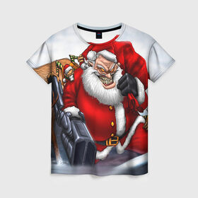 Женская футболка 3D с принтом Дед мороз рокер в Тюмени, 100% полиэфир ( синтетическое хлопкоподобное полотно) | прямой крой, круглый вырез горловины, длина до линии бедер | heavy metal | rock | santa claus | дед мороз | рок | с новым годом | санта | санта клаус
