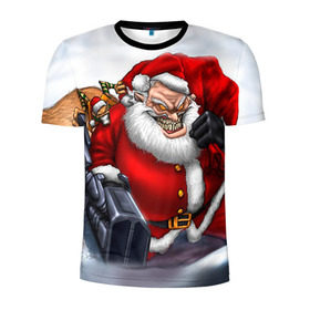 Мужская футболка 3D спортивная с принтом Дед мороз рокер в Тюмени, 100% полиэстер с улучшенными характеристиками | приталенный силуэт, круглая горловина, широкие плечи, сужается к линии бедра | heavy metal | rock | santa claus | дед мороз | рок | с новым годом | санта | санта клаус